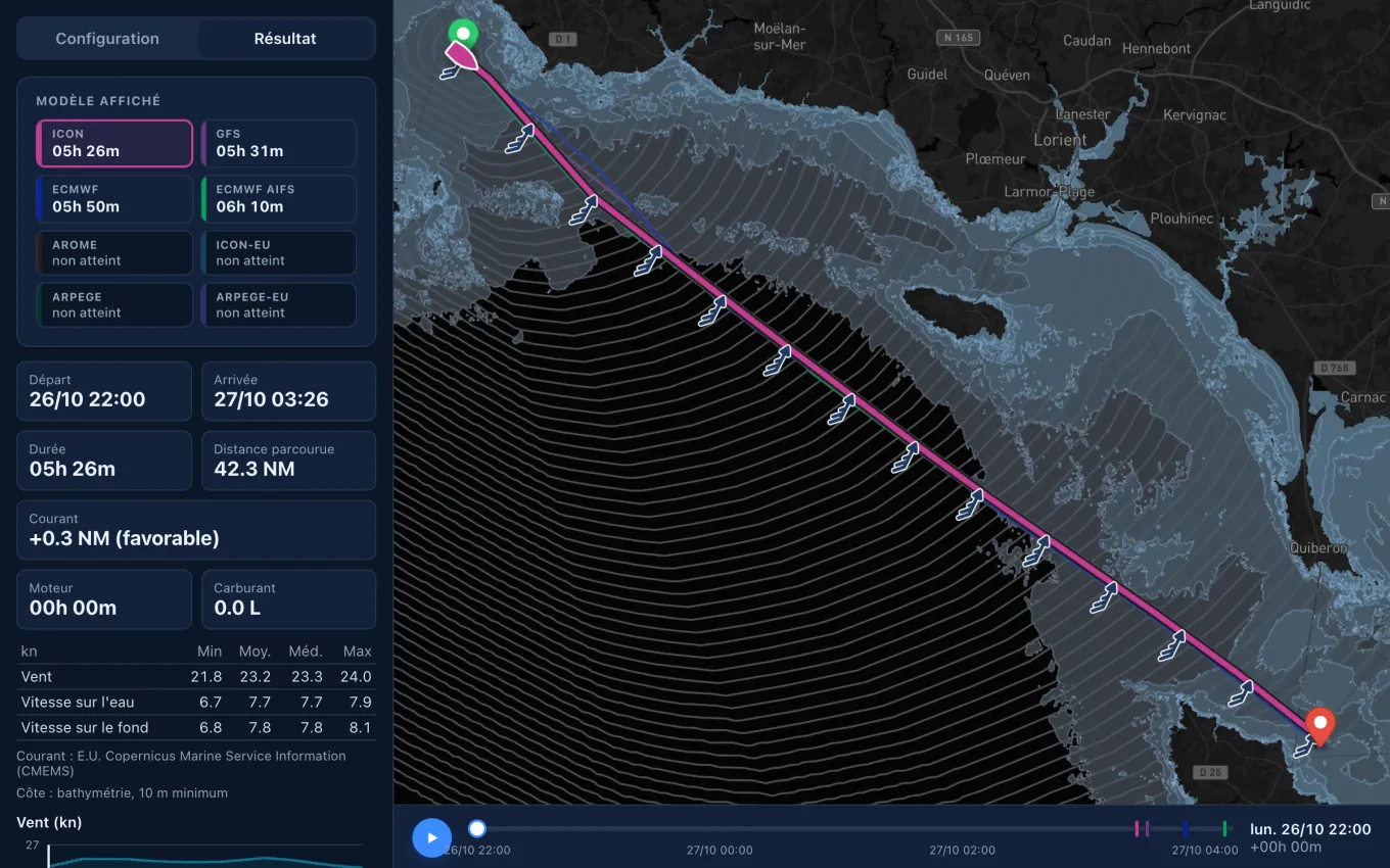 La page de routage en mode sombre : panneaux et carte sombres, la route et ses isochrones tracées par-dessus.