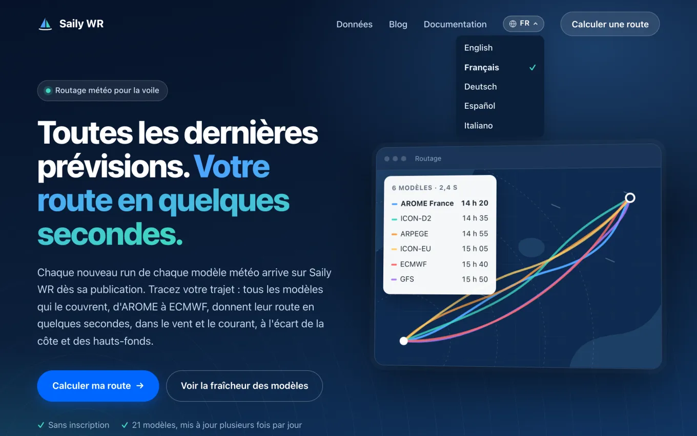 La page d'accueil de Saily WR en français, son menu des langues ouvert en haut&nbsp;: English, Français, coché, Deutsch, Español et Italiano.