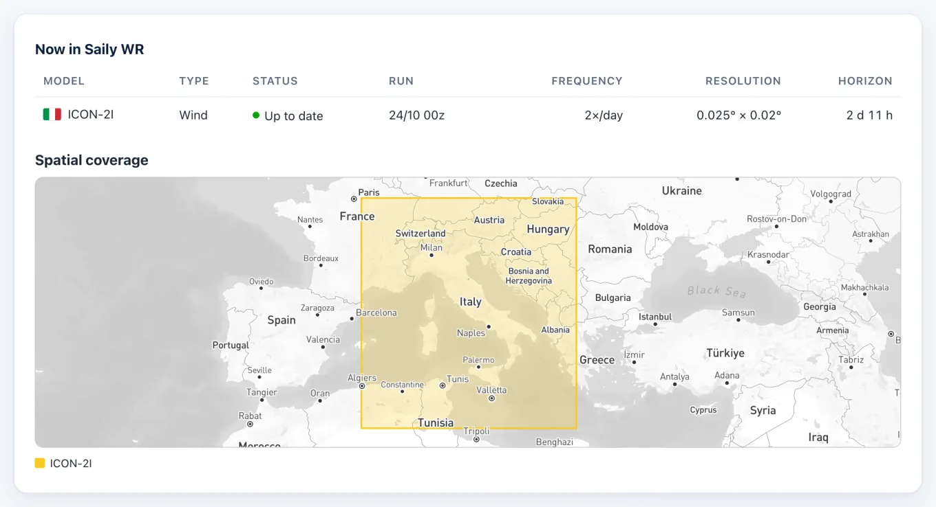 ICON-2I's live panel: its row with run, frequency, resolution and horizon, over a map framing its rectangle from Menorca to western Greece and from the Alps to Tunisia and Malta.