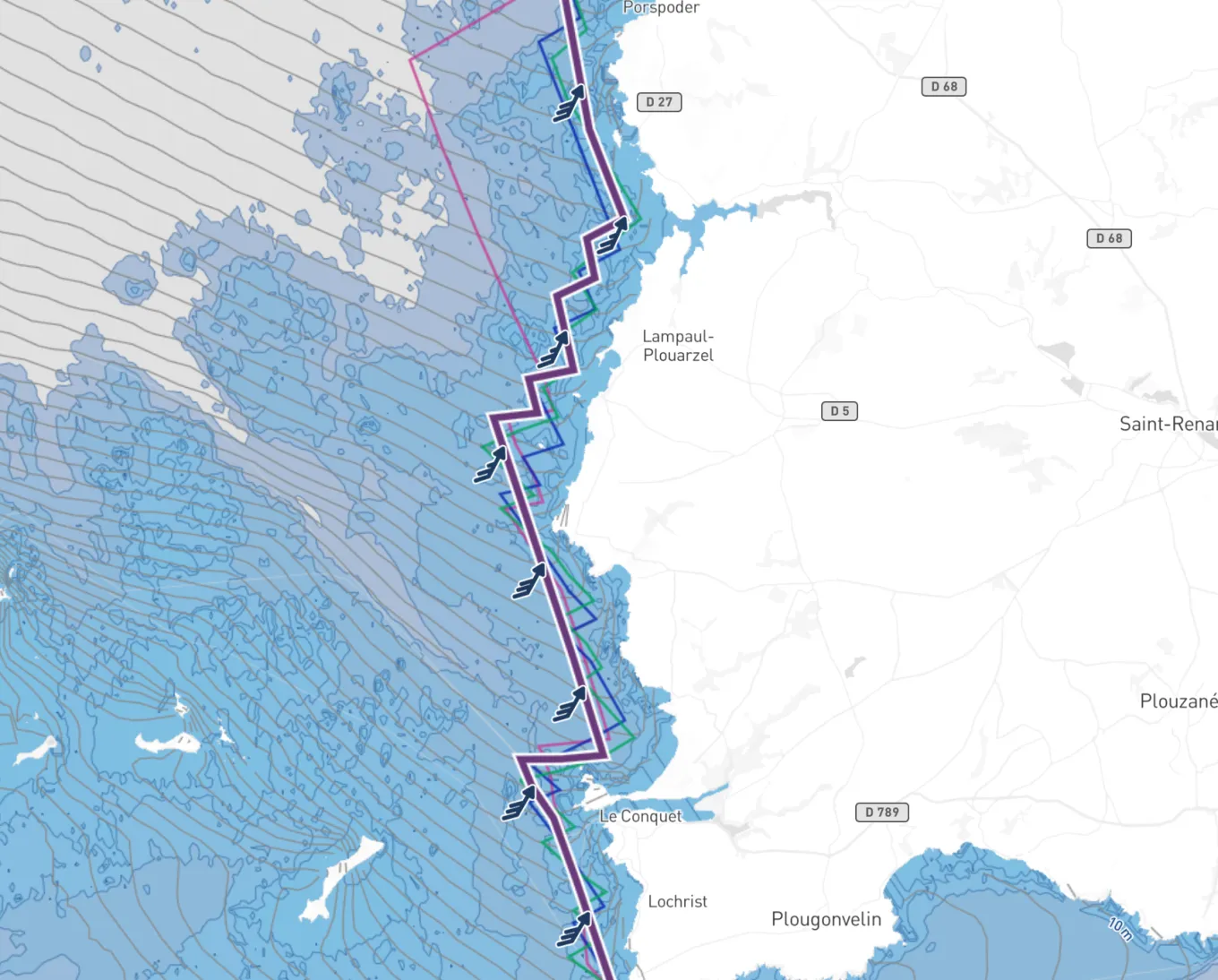 Carte du chenal du Four, au large du Conquet&nbsp;: les routes longent la côte au plus près, en tournant entre les roches.