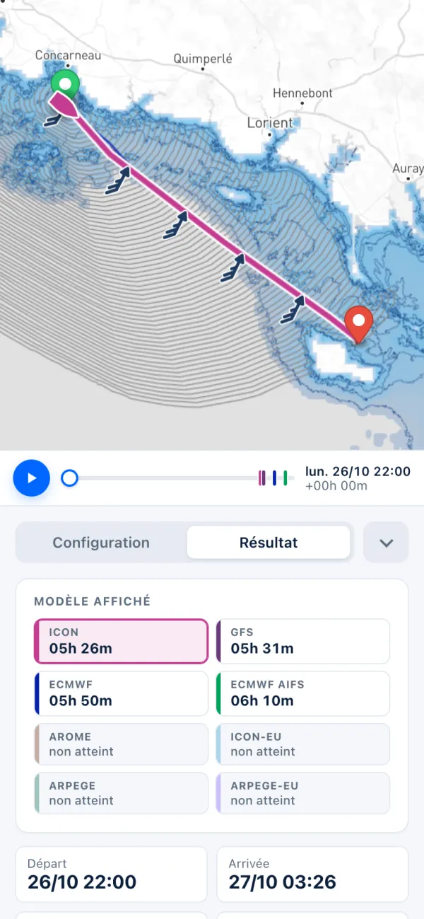 La page de routage sur un téléphone&nbsp;: la carte et la route en haut, le curseur de temps dessous, puis le panneau du résultat.