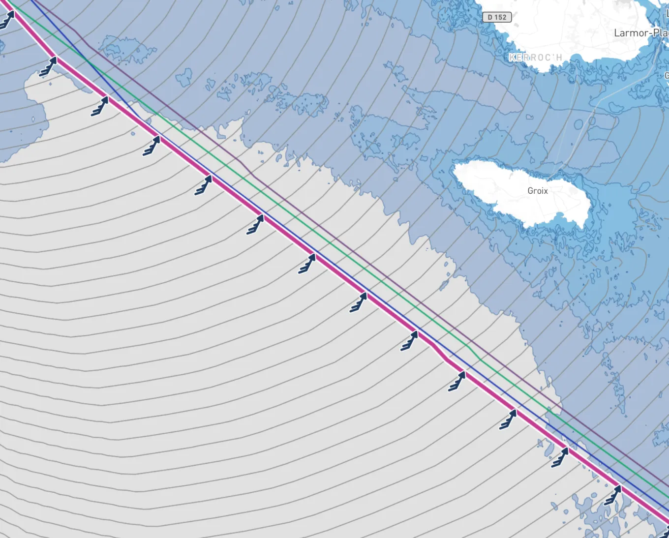 Carte zoomée sur la route au large de Groix, des barbules de vent posées le long de la route à intervalles réguliers.
