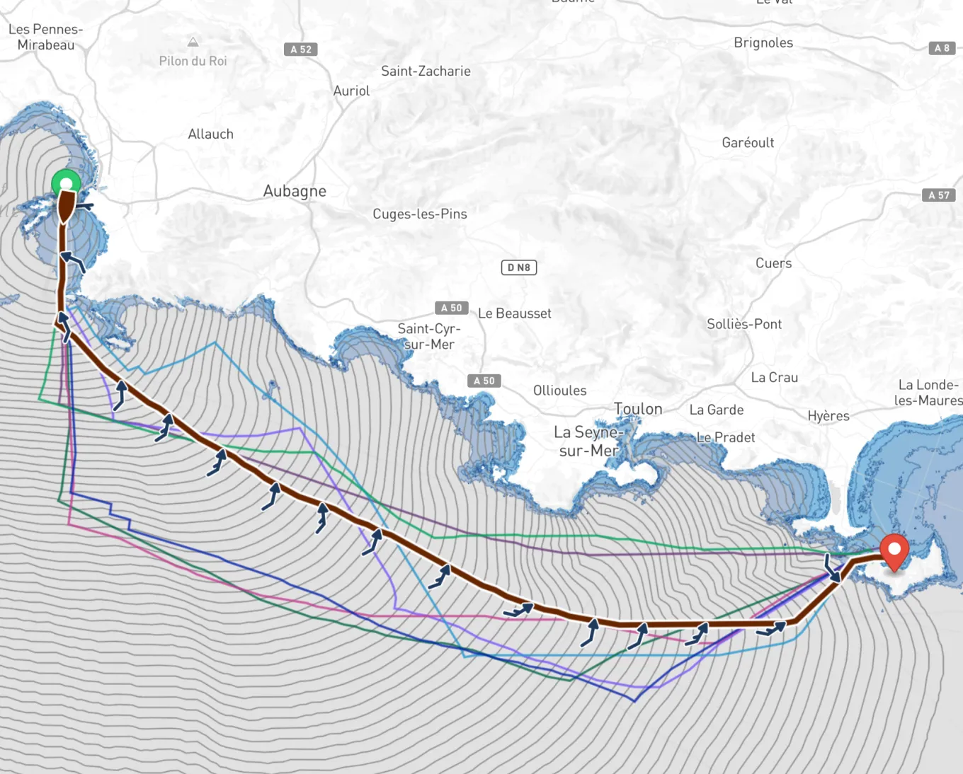 Map from Marseille to Porquerolles with a route per weather model, a few keeping closer to the coast, others heading well offshore.