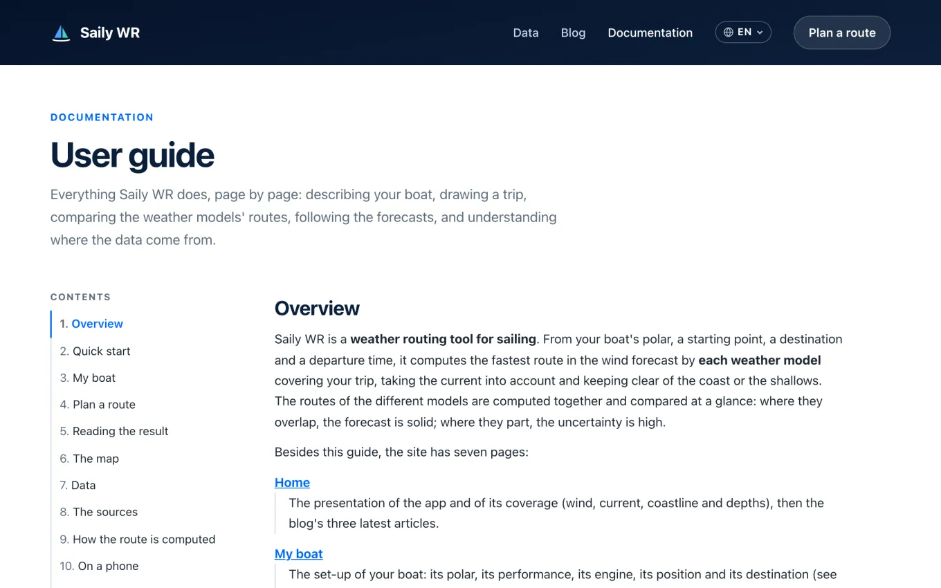 The user guide's first page: its table of contents beside the overview.