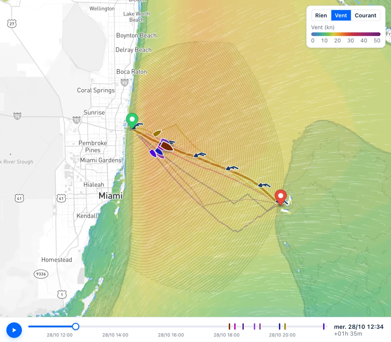 Carte de routage de Fort Lauderdale à Bimini, la mer colorée selon la force du vent, des traînées blanches qui dérivent depuis l'est, les routes de chaque modèle et leurs bateaux à quelques milles de la Floride.