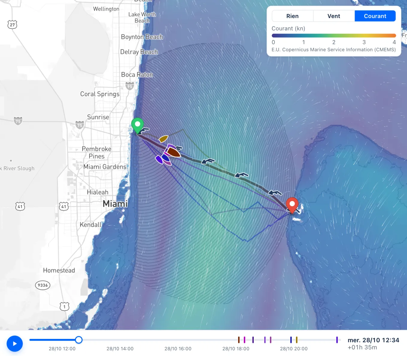 La même carte avec le courant, une bande de courant plus fort au milieu du détroit, des traînées qui dérivent vers le nord, une eau plus calme le long de la Floride et sur les bancs des Bahamas.
