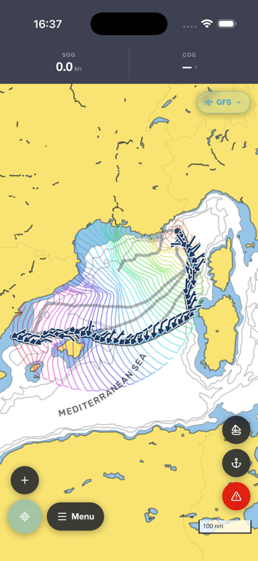 Isochrone weather routing displayed on a nautical chart