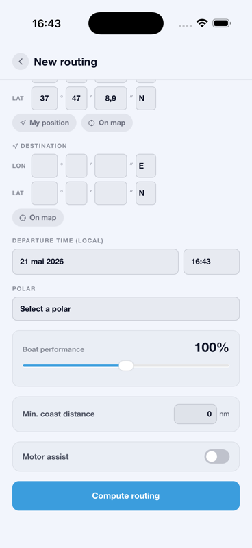 New routing form — configure departure, polar and performance